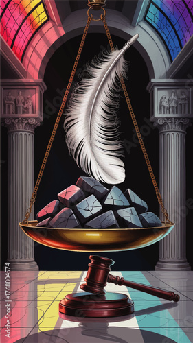 Surreal Justice Scale with Feather and Stones in Courthouse, Colorful Stained Glass, Symbolic Law and Fairness Concept Art