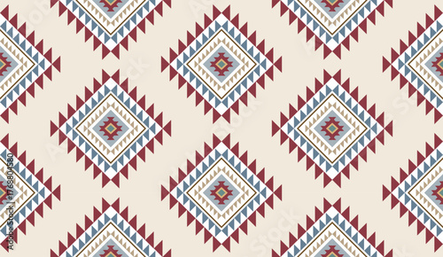 Seamless geometric ethnic pattern inspired by Native American tribal fabric. Traditional Aztec and Navajo style carpet and tile vector design on navy blue background. Perfect for textile, wrapping,