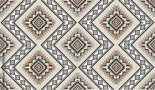 Seamless geometric ethnic pattern inspired by Native American tribal fabric. Traditional Aztec and Navajo style carpet and tile vector design on navy blue background. Perfect for textile, wrapping,