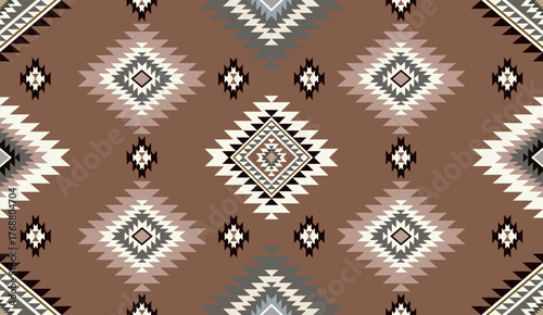 Seamless geometric ethnic pattern inspired by Native American tribal fabric. Traditional Aztec and Navajo style carpet and tile vector design on navy blue background. Perfect for textile, wrapping,