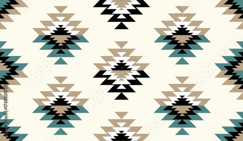 Seamless geometric ethnic pattern inspired by Native American tribal fabric. Traditional Aztec and Navajo style carpet and tile vector design on navy blue background. Perfect for textile, wrapping,