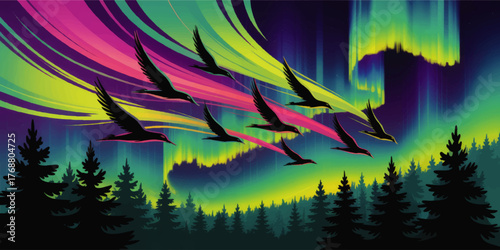 Northern Lights Aurora Borealis with Silhouette Birds in Flight Over Pine Forest, Vibrant Night Sky, Colorful Nature Landscape Illustration