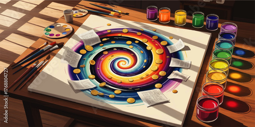 Vibrant Spiral Painting With Gold Coins and Papers on Wooden Artist Table, Rainbow Watercolors, Creative Art Studio Concept