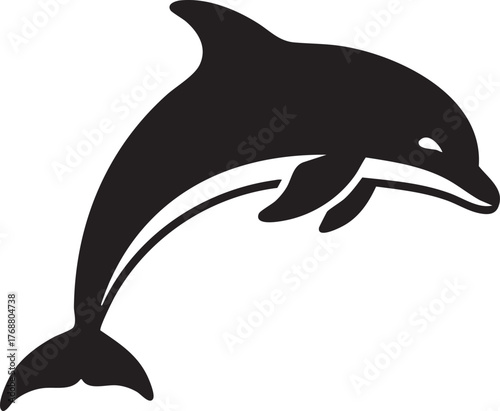A sleek black silhouette of a dolphin leaping gracefully out of the water, captured in a dynamic pose