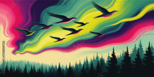 Vibrant Northern Lights Illustration with Flock of Birds Flying Over Forest, Colorful Aurora Borealis Artwork, Nature Landscape