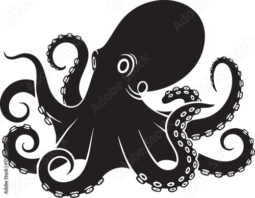 A bold black and white vector illustration of an octopus with swirling tentacles, depicted as a simple marine life graphic icon on a clean background