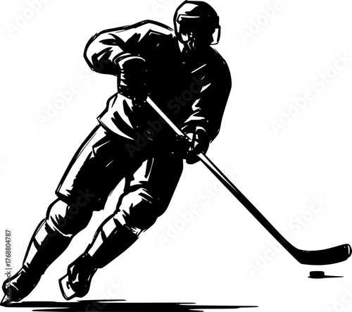 Sketch hockey player hitting puck silhouette
