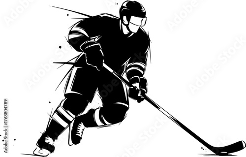 Sketch hockey player hitting puck silhouette
