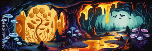 Fantasy Magical Cave with Glowing Mushrooms, Golden Coin River, Mysterious Gates and Bats – Colorful Digital Illustration