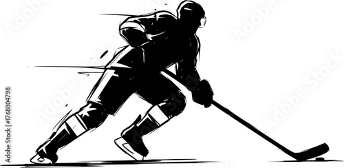 Sketch hockey player hitting puck silhouette
