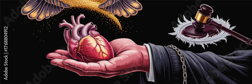 Symbolic Justice Concept Art – Judge's Hand Holding Heart, Broken Chains, Dove Wings, Gavel, Freedom and Mercy Illustration on Black