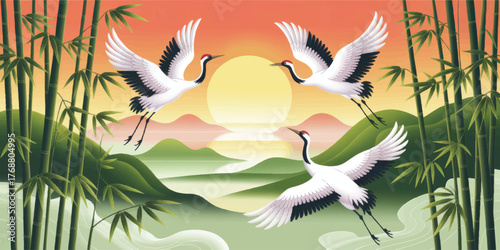 Elegant Red-Crowned Cranes Flying Over Sunrise Landscape With Bamboo and Mountains, Asian Nature Art Illustration