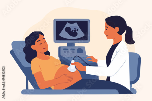 Flat vector of ultrasound scan procedure with pregnant woman and technician