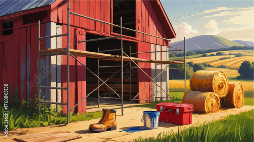 Rural Barn Renovation Scene with Scaffolding, Paint Can, Toolbox, Work Boot, Hay Bales, and Scenic Farmland Landscape