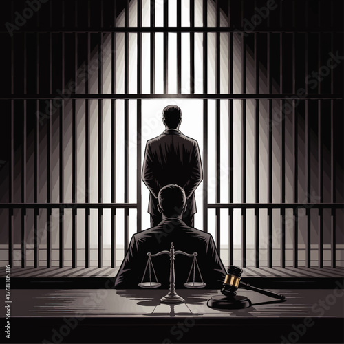 Dramatic Courtroom Illustration with Judge, Defendant, Prison Cell Bars, Justice Scales and Gavel – Law and Legal Concept Art