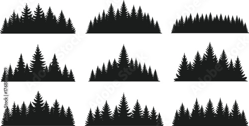 Set of black silhouettes of coniferous forest trees, landscapes, and nature elements for design