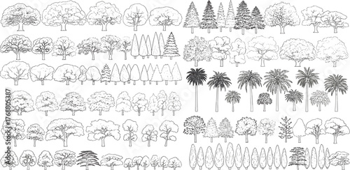 Versatile vector outline set of diverse trees, featuring deciduous, coniferous, and palm species. Ideal for landscape planning, architectural graphics, and nature-themed design projects