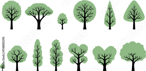 Collection of Various Stylized Green Trees on White Background - Vector Illustration