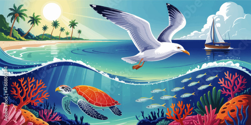 Tropical Seaside Landscape with Palm Trees, Sailing Boat, Seagull, Sea Turtle, Fish, and Vibrant Coral Reef Illustration