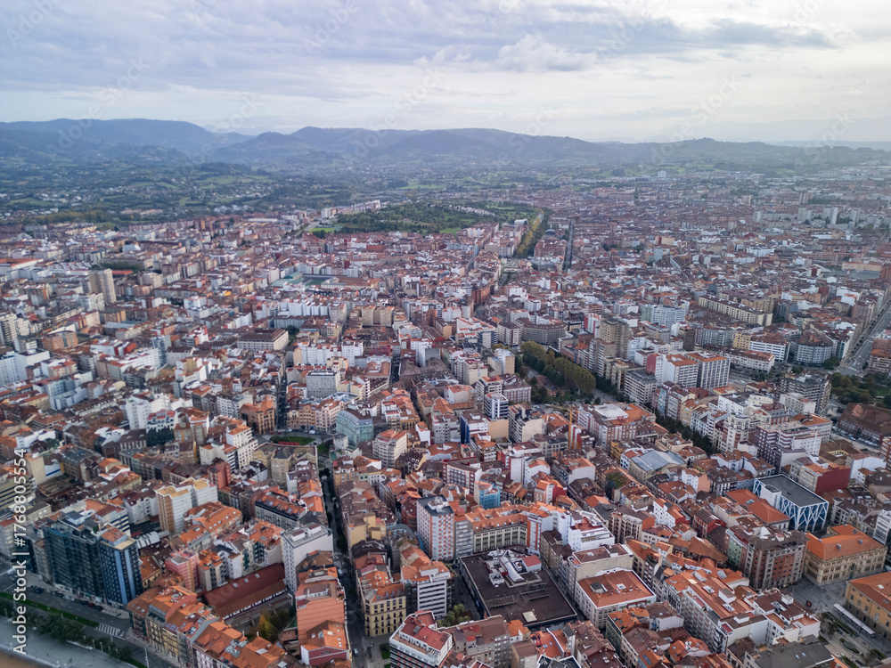 Obraz premium Traditional European town coastal resort aerial drone panorama harbor beach sea view. 