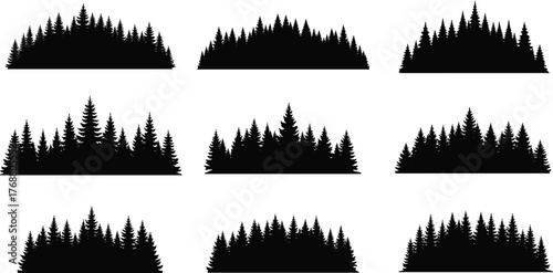 Collection of diverse evergreen coniferous forest tree silhouettes, artistic representation of woodland landscapes