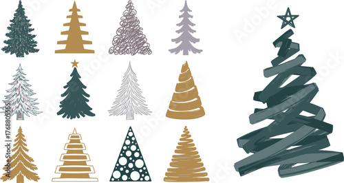Collection of stylized Christmas trees in various artistic designs and colors
