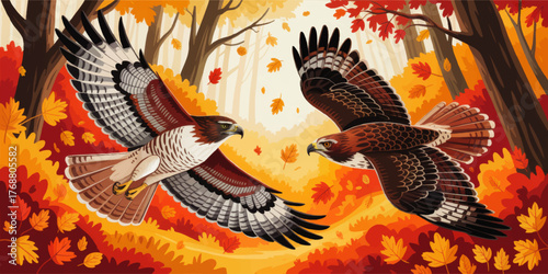 Vibrant Autumn Forest Hawks – Colorful Vector Illustration of Two Birds of Prey Flying Among Fall Leaves in Woodland Scenery