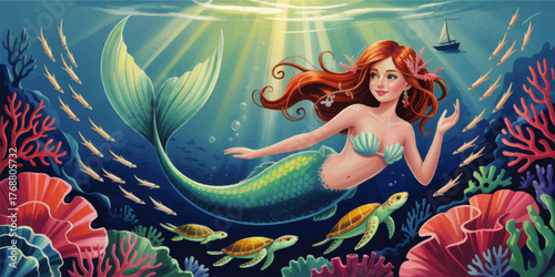 Magical Underwater Fantasy with Beautiful Red-Haired Mermaid, Colorful Coral Reef, Sea Turtles, and Sunlit Ocean Scene