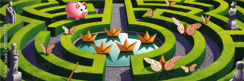Whimsical Hedge Maze Illustration with Piggy Bank, Butterflies, Origami Boats, and Statues for Financial or Creative Concepts