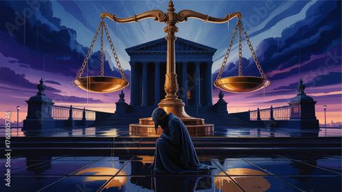 Dramatic Justice Concept Art with Giant Golden Scales, Courthouse Background, and Hooded Figure at Dusk in Rain