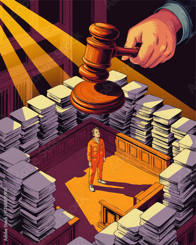 Surreal Courtroom Illustration with Prisoner, Huge Legal Paperwork Stacks, Judge’s Gavel, and Dramatic Lighting Concept