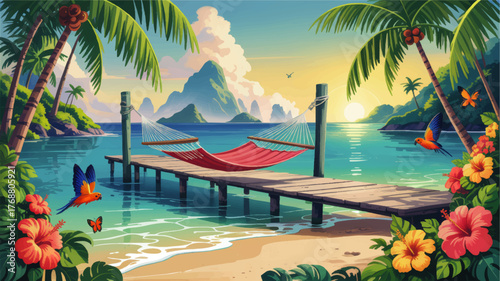 Tropical Paradise Sunset with Hammock on Wooden Pier, Palm Trees, Colorful Parrots, and Vibrant Flowers – Idyllic Exotic Beach Illustration