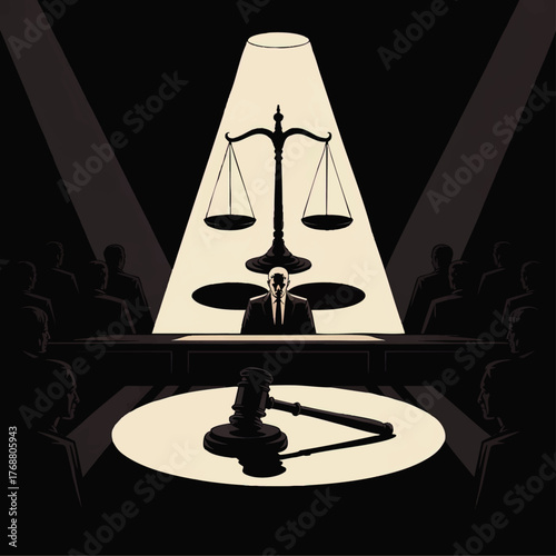 Dramatic Courtroom Illustration with Judge, Scales of Justice, Gavel, Spotlight, and Silhouette Jury on Black Background