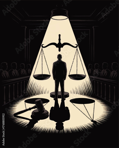 Dramatic Courtroom Illustration with Scales of Justice, Judge, and Jury Under Spotlight for Legal Concepts and Law Themes