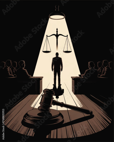 Dramatic Courtroom Illustration With Gavel, Justice Scales, Judge and Jury in Spotlight on Black Background – Legal Concept Art