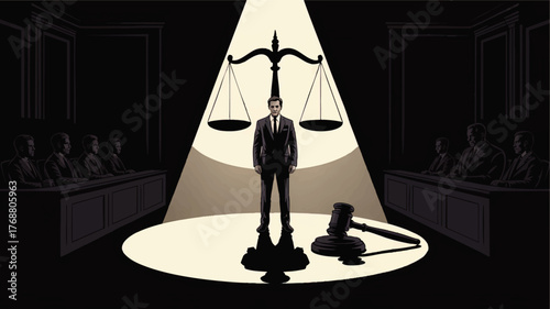 Dramatic Courtroom Illustration with Businessman Under Spotlight, Scales of Justice, Gavel, and Jury - Legal Concept Art