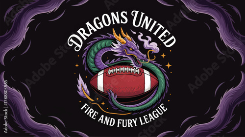 Fierce Dragon Mascot with Football, Fantasy Sports Team Logo, Dragons United Fire and Fury League, Black Background Illustration
