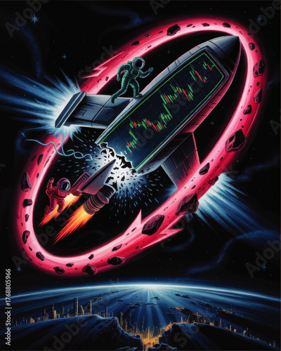Astronauts in Space with Rocket Ship and Stock Market Chart, Sci-Fi Financial Illustration with Neon Colors and Asteroids