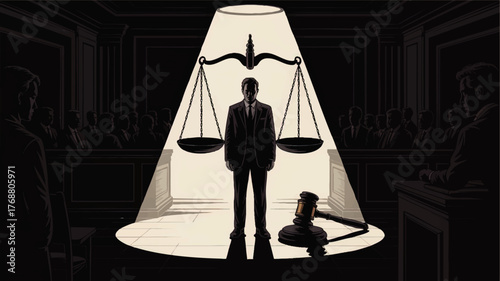 Dramatic Courtroom Illustration with Man in Suit Under Scales of Justice, Spotlight, and Gavel Symbolizing Legal Judgment