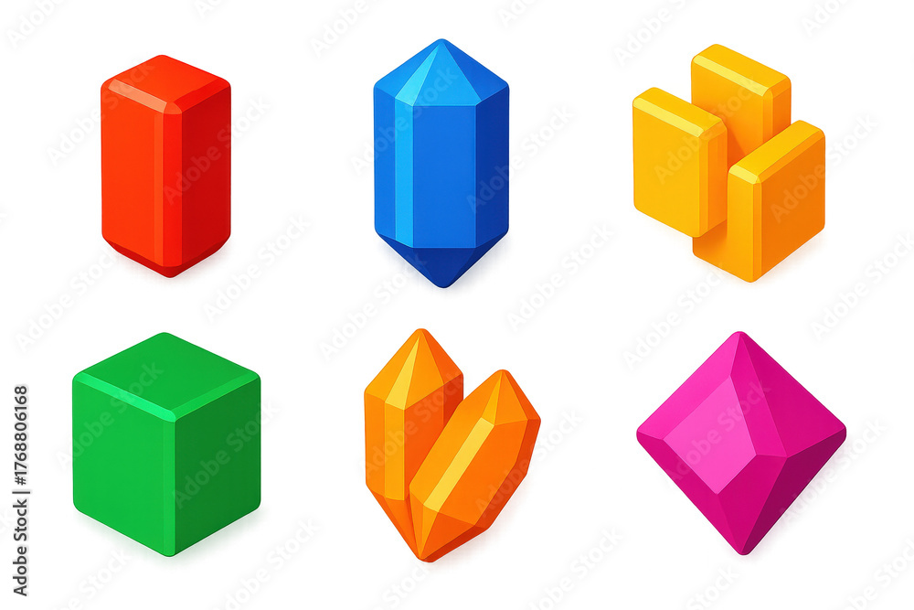 Fototapeta premium Colorful Crystal Icons. 3D icon set of symmetrical crystal habits: tetragonal zircon prism, hexagonal beryl shape, orthorhombic