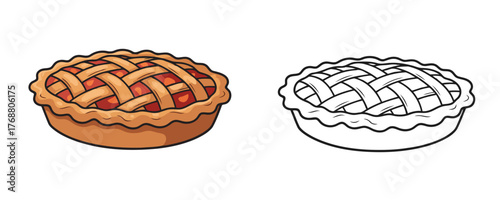 Delicious colorful and outline cartoon style lattice top fruit pie, perfect for kids coloring books activity and autumn holiday designs