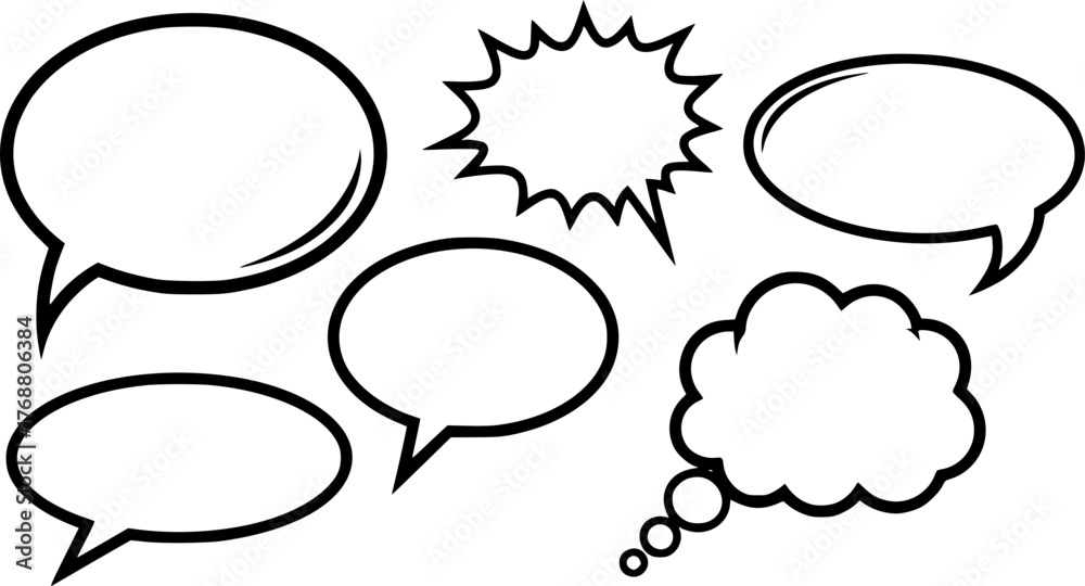 Fototapeta premium Collection of six blank speech bubbles in simple black and white illustration for communication 