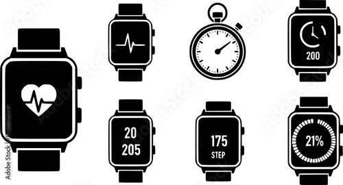Modern smartwatch icons depicting fitness tracking and time measurement in vector format

