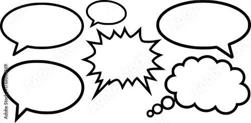 Collection of six blank speech bubbles in simple black and white illustration for communication
