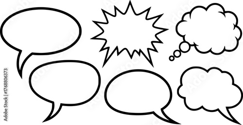 Collection of six blank speech bubbles in simple black and white illustration for communication
