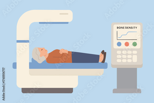 Flat vector of bone density scanning device with control panel and elderly patient bed