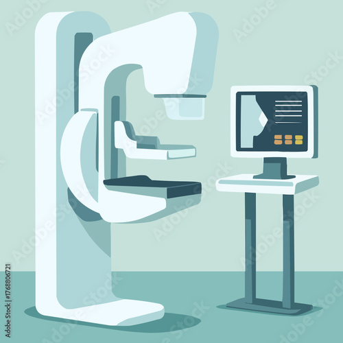 Flat vector of mammography unit with compression paddles and control screen in clinic