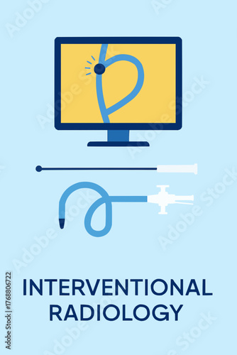 Flat vector of interventional radiology kit with catheter, guidewire, and imaging monitor
