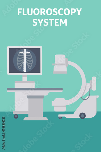 Flat vector of fluoroscopy system with C-arm and monitor in surgical suite