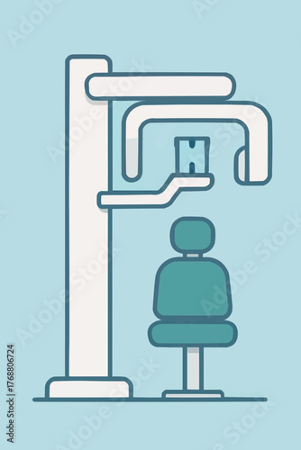 Flat vector of dental radiology device with panoramic scanner and patient chair